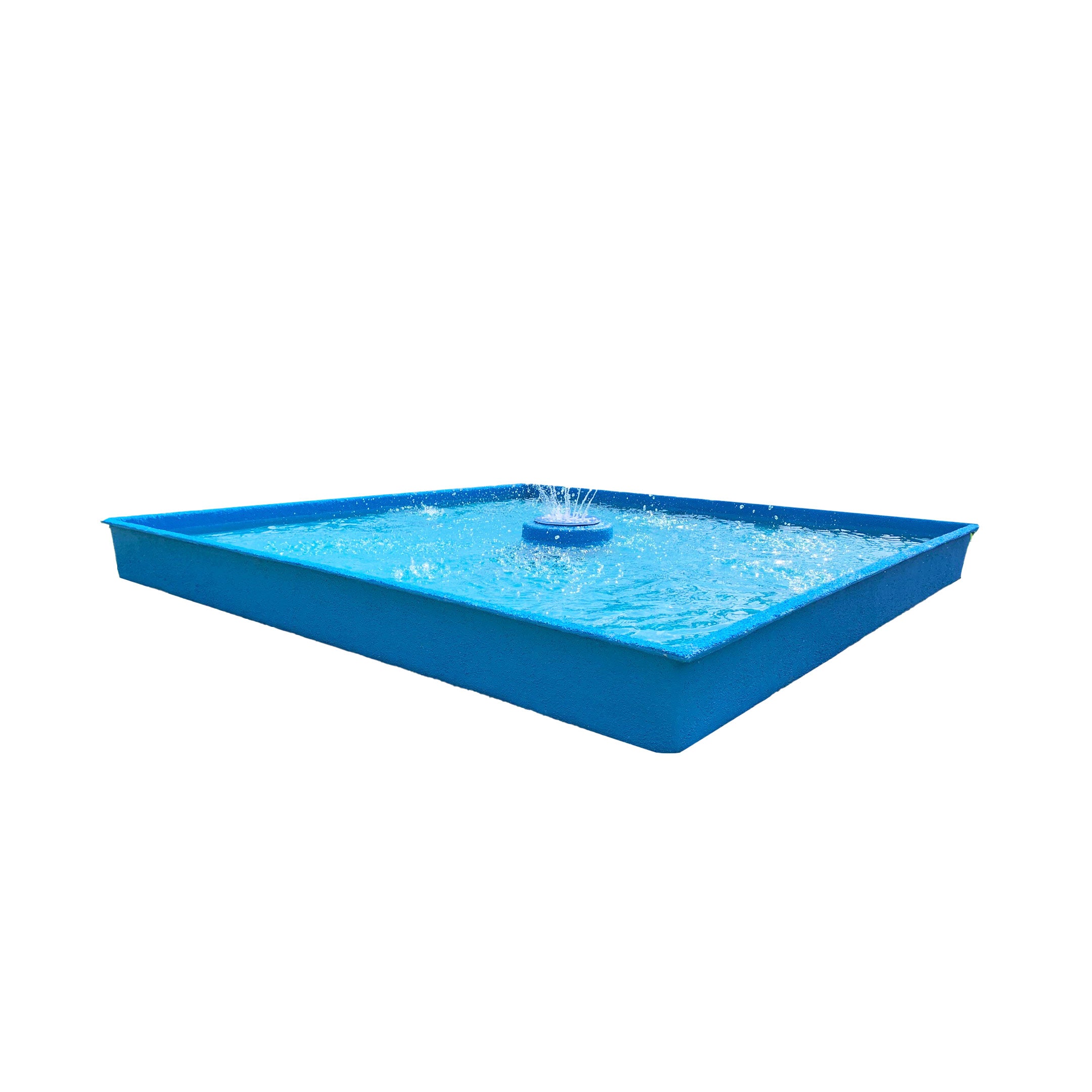 Blue square dog wading pool with a center spray feature