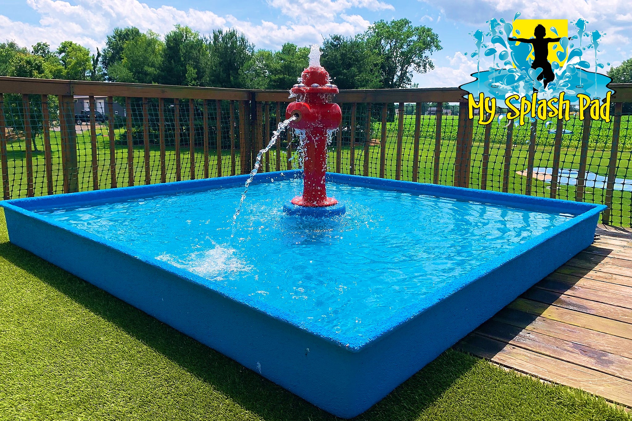 Portable dog water park with red fire hydrant spray feature