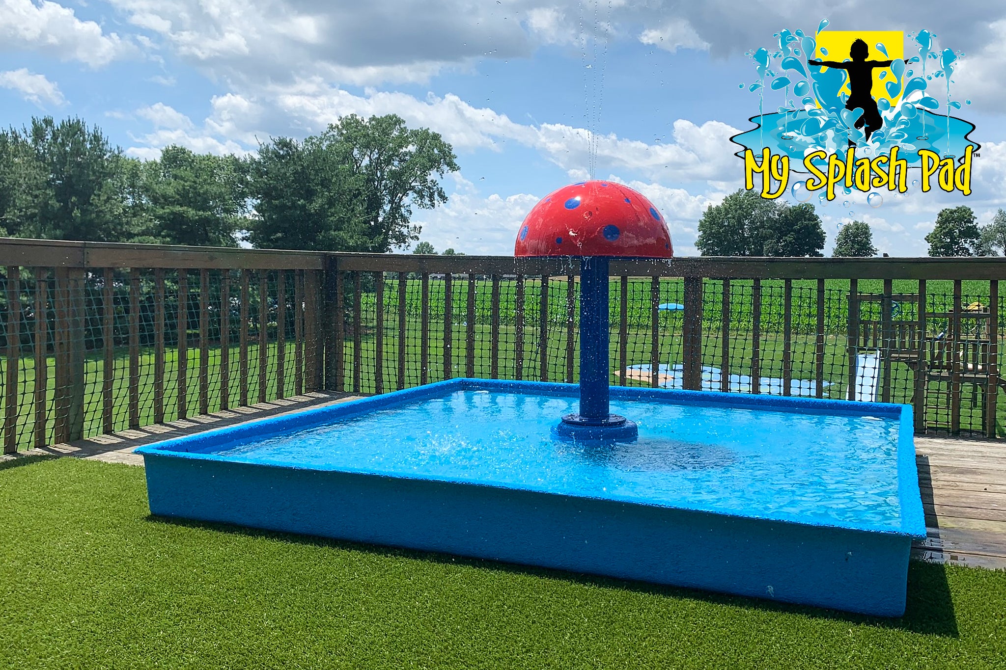 Portable dog water park with a red mushroom spray feature in a shallow blue play area