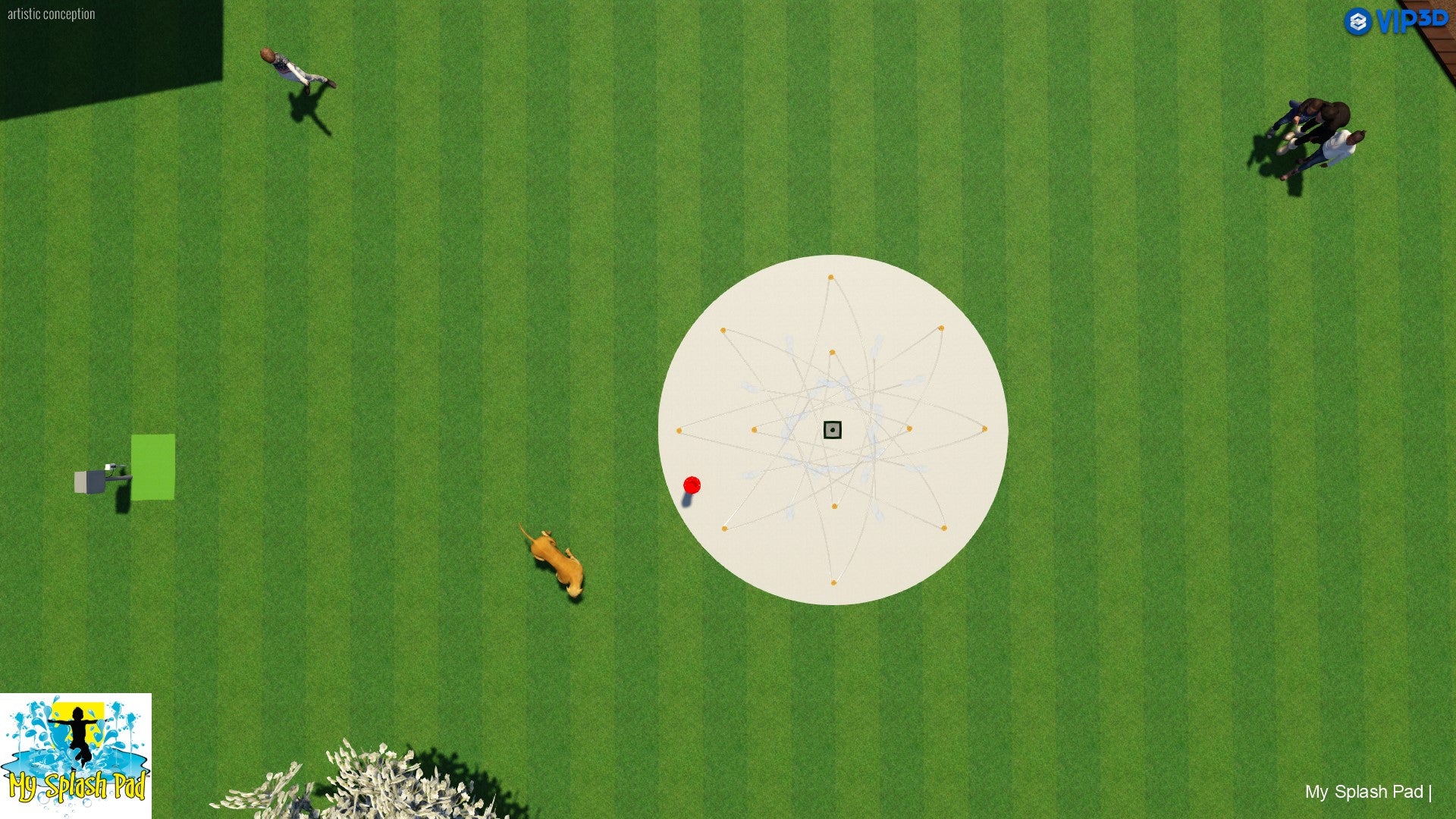 Overhead rendering of a 12-nozzle dog water park spray area with activator, central drain, and surrounding lawn