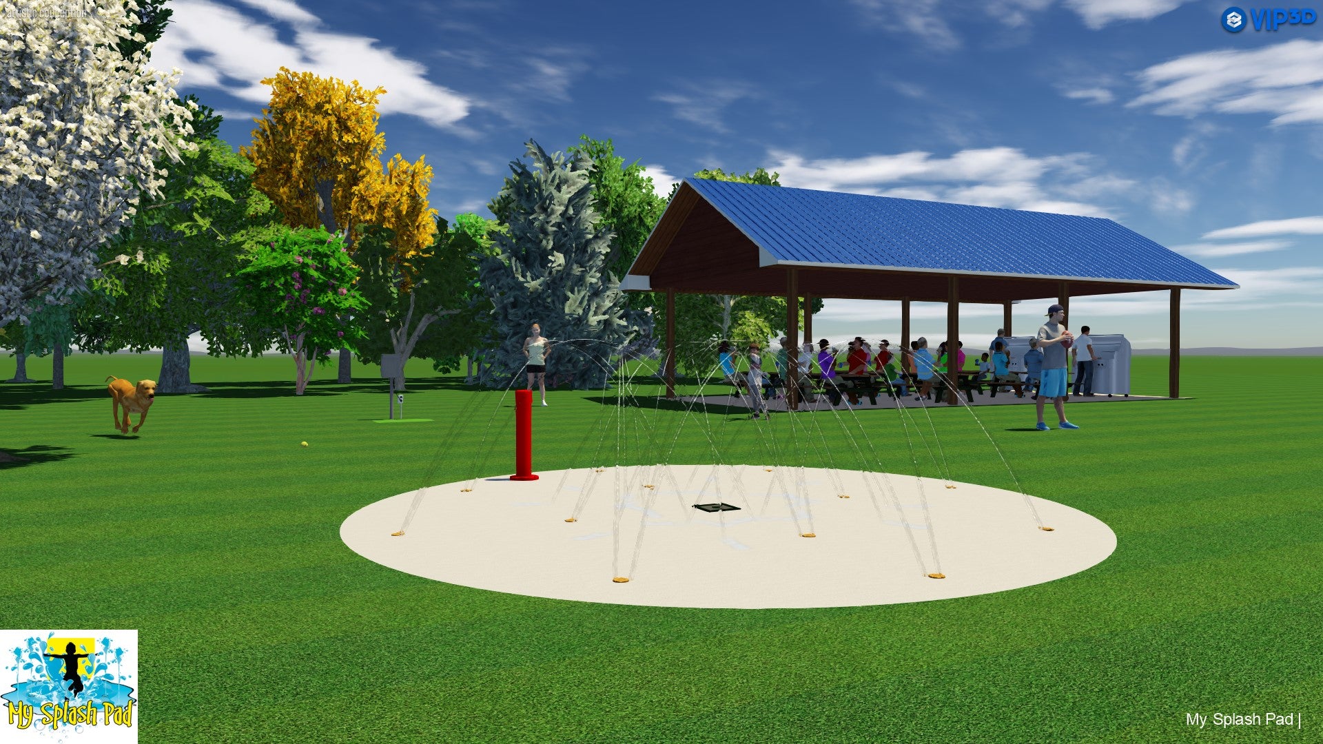 Rendering of a 12-nozzle dog water park kit with spray area, activator, pavilion, trees, and open lawn