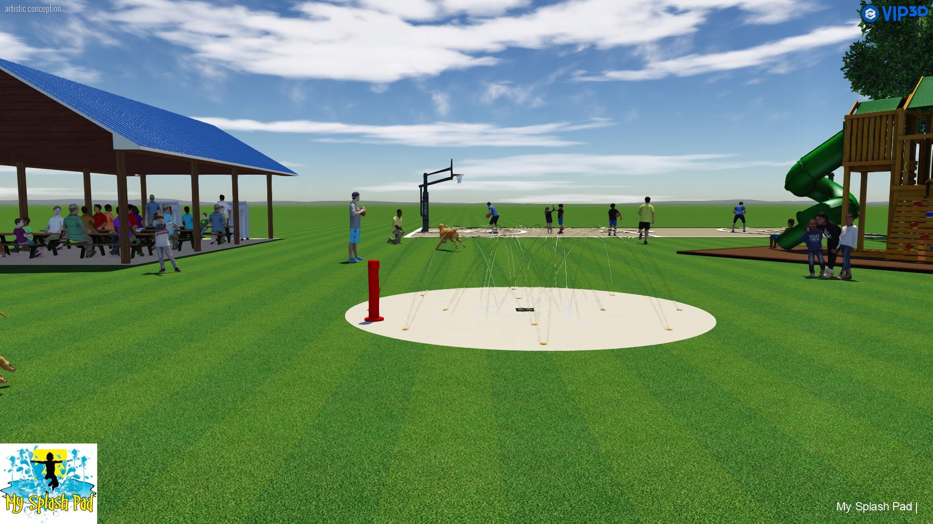 Rendering of a 12-nozzle dog water park kit with spray area, activator, pavilion, playground, and basketball court