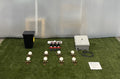 Components included with an 8-nozzle freshwater dog water park kit, including spray nozzles, manifold, control box, drain box, and instructions