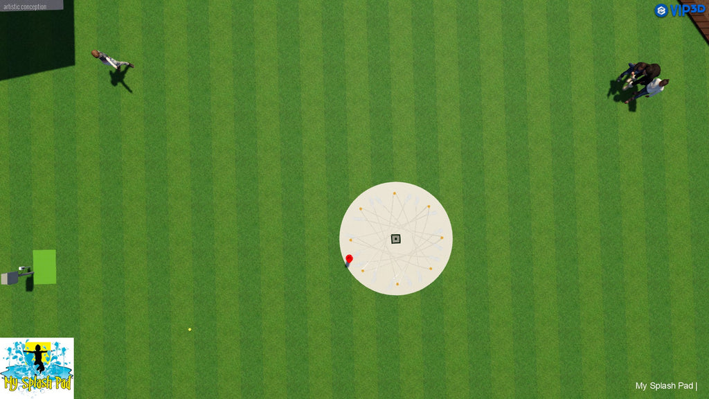 Overhead rendering of an 8-nozzle dog water park spray area with activator, central drain, and surrounding lawn