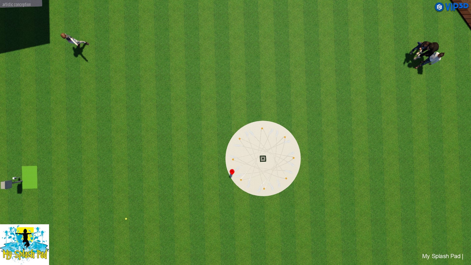 Overhead rendering of an 8-nozzle dog water park spray area with activator, central drain, and surrounding lawn