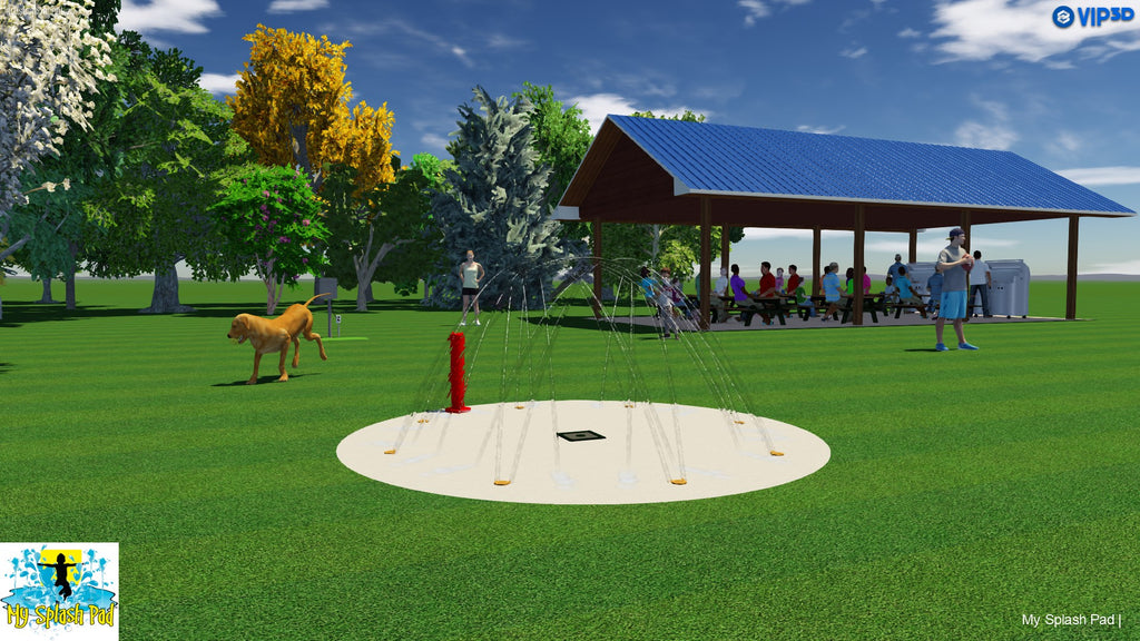 Rendering of an 8-nozzle dog water park kit with spray area, activator, pavilion, trees, and open lawn
