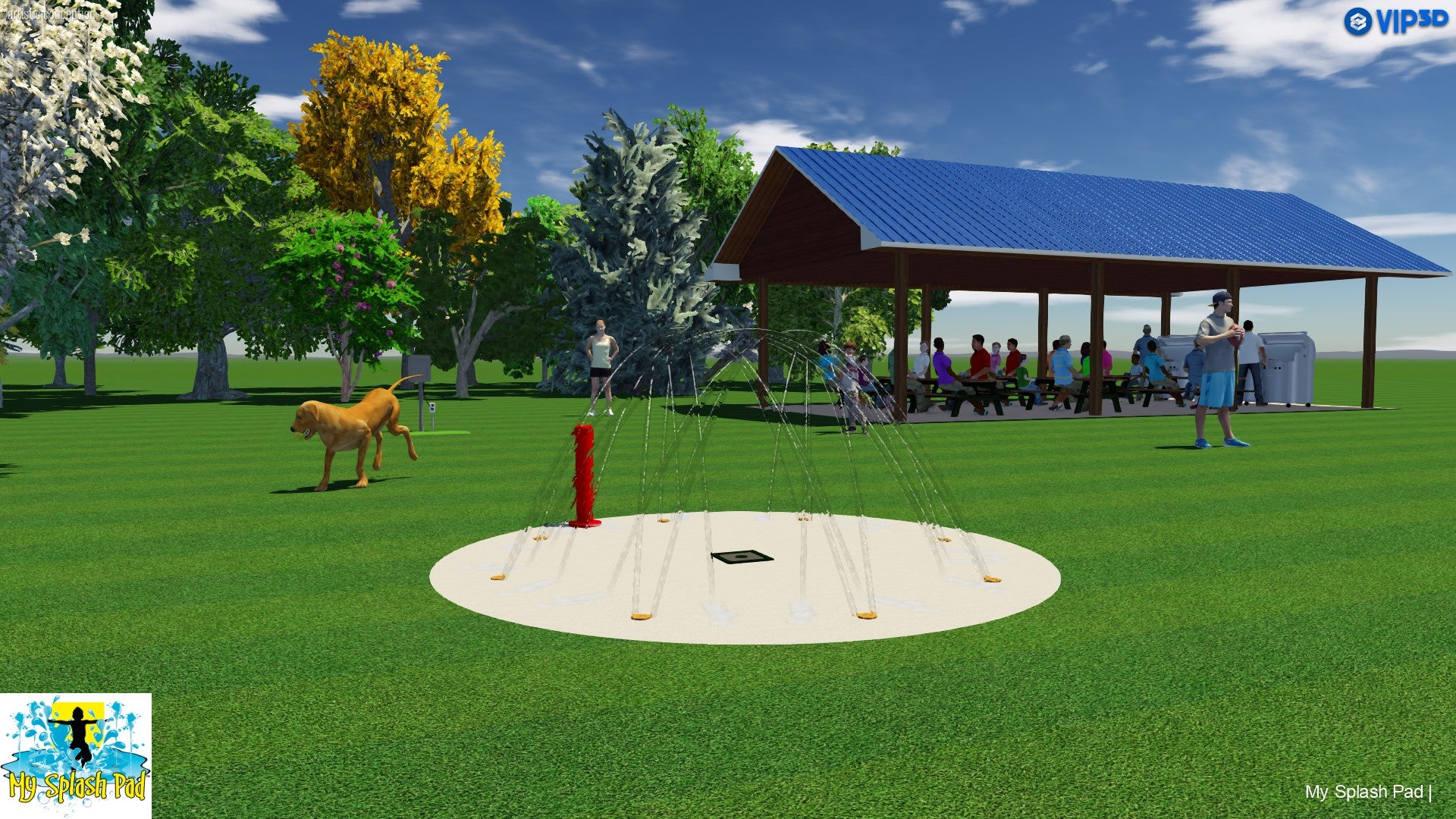 Rendering of an 8-nozzle dog water park kit with spray area, activator, pavilion, trees, and open lawn