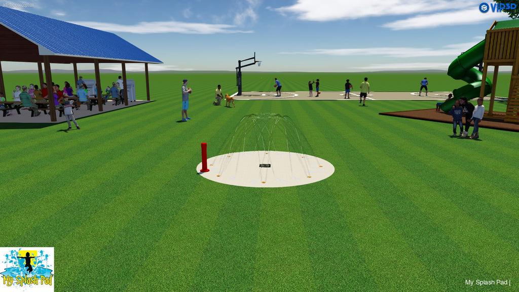 Rendering of an 8-nozzle dog water park kit with spray area, activator, pavilion, playground, and basketball court
