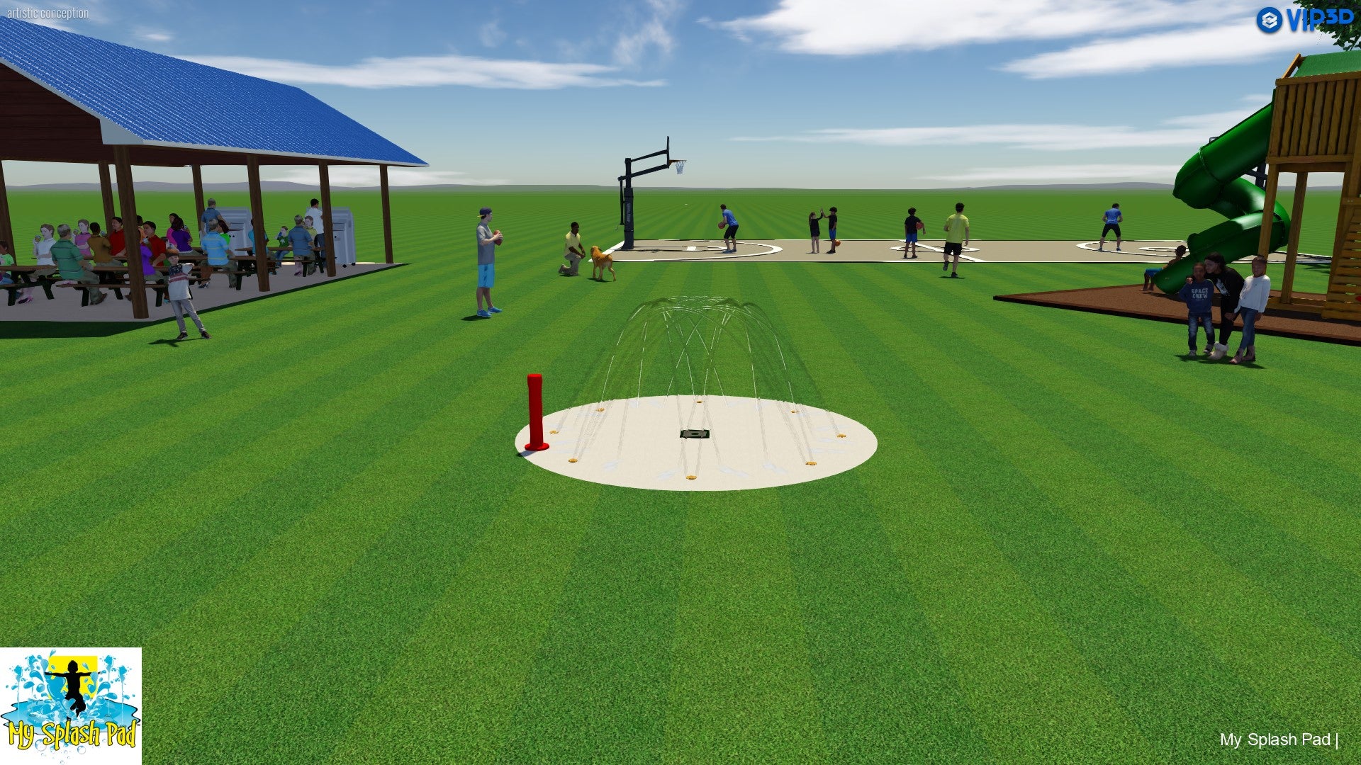 Rendering of an 8-nozzle dog water park kit with spray area, activator, pavilion, playground, and basketball court