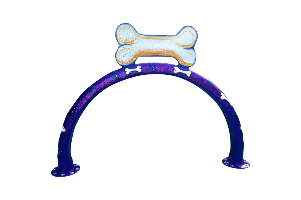Purple dog jump hoop water play feature topped with a large dog bone