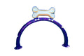 Purple dog jump hoop water play feature topped with a large dog bone