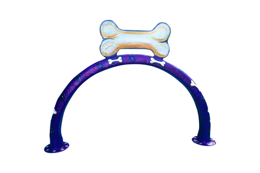 Purple dog jump hoop water play feature topped with a large dog bone