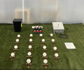 Components included with a 12-nozzle freshwater dog water park kit, including spray nozzles, manifold, control box, and drain box