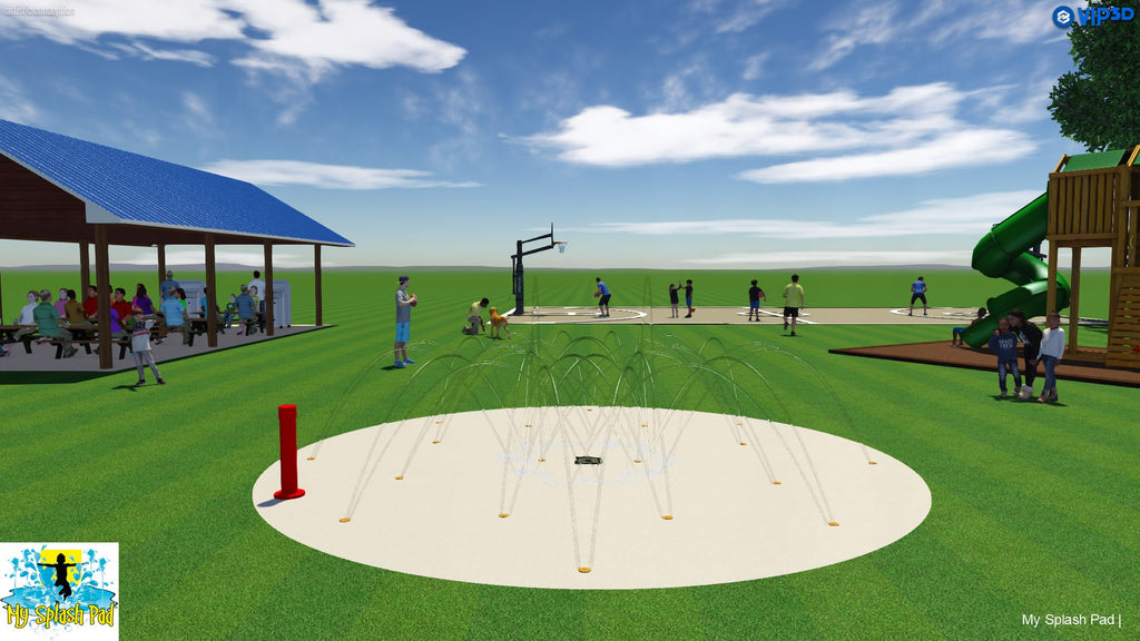 Rendering of an 18-nozzle dog water park kit with spray area, activator, pavilion, playground, and basketball court