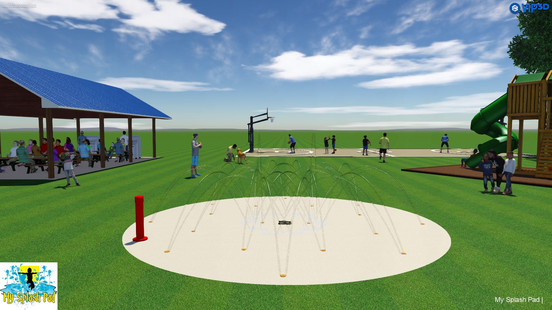 Rendering of an 18-nozzle dog water park kit with spray area, activator, pavilion, playground, and basketball court