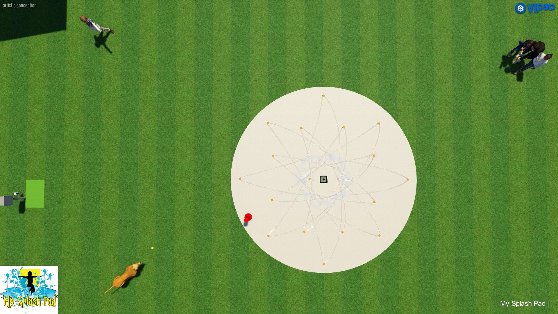 Overhead rendering of an 18-nozzle dog water park spray area with activator and central drain