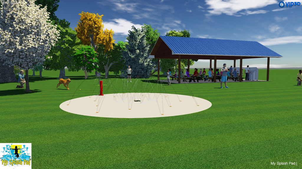 Rendering of an 18-nozzle dog water park kit with spray area, activator, pavilion, trees, and open lawn