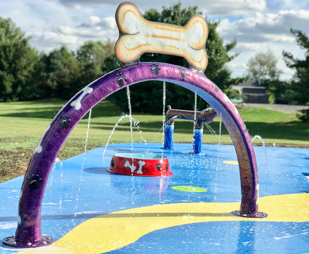 Purple doggy wash hoop spraying water over a dog water park with additional play features