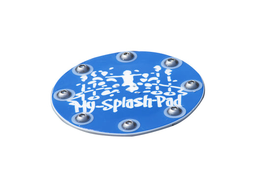 Blue circular geyser spray feature base with cover plate and mounting bolts