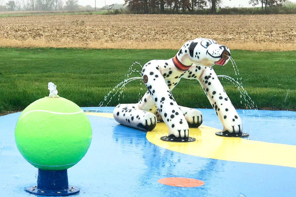 Sitting dog water play feature spraying water beside a green tennis ball feature