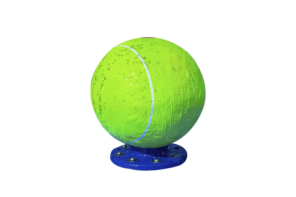 Green tennis ball water play feature mounted on a blue base